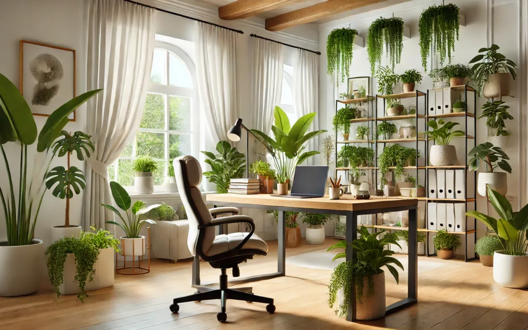 Schreibtisch mit Stuhl davor in einem Arbeitszimmer mit vielen Grünpflanzen. 'auf dem Schreibtsich steht ein Laptop und Arbeitsutensilien, an der Wand steht ein Regal mit Aktenordner und vielen Grünpflanzen. Das Zimmer ist hell mit zwei Fenstern
